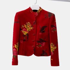 A Collarless Tailored Jacket In Red Wool Crepe With A Painted Floral Print, Featuring A Filigree Metal Button Front Closure, Two-Button Cuffs, And Two Front Patch Pockets. Size: 6 Condition: Pristine; No Visible Signs Of Wear Approximate Measurements (Laid Flat): Shoulder: 15.75” (40 Cm) Chest: 18.75” (46 Cm) Waist: 15.75” (40 Cm) Length Down Back: 20.5��” (52 Cm) Sleeve: 22” (56 Cm) Composition: 100% Wool; Lining: 100% Polyester. Floral Suit Jacket, Wool Crepe, Emanuel Ungaro, Floral Jacket, Red Wool, Tailored Jacket, Metal Buttons, Blazer Suit, Suit Jacket