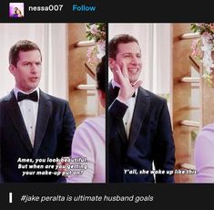 two pictures of a man in tuxedo talking on his cell phone and the caption says, i take peria is ultimate husband goals