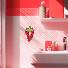 a bathroom with pink walls and red tiles on the wall is decorated with a strawberry shaped sticker