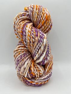 a skein of multicolored yarn on a white background