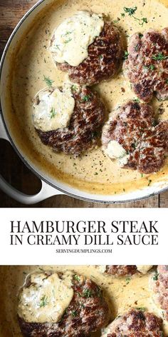 hamburger steak in creamy gravy sauce served in a cast iron skillet