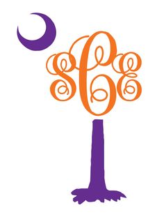 an orange and purple monogrammed tree with the moon in the sky above it