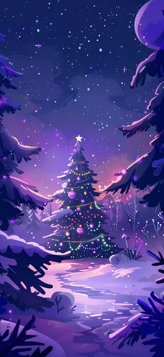 a painting of a christmas tree in the middle of a snowy forest with stars and snow flakes