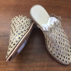 New Free People Woven Leather Slip On Sandal Size- 39 (8-8.5 Us) Runs Large More Like 9 Frayed Trim Boho Style Round Toe Slip On Slip-on Woven Leather Sandals, Natural Handwoven Slip-on Sandals, Slip-on Straw Sandals With Textured Sole, Handwoven Slip-on Mules, Bohemian Woven Leather Slip-on Sandals, Free People Sandals, Blue Suede Heels, Rope Sandals, Free People Shoes