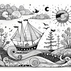 a drawing of a ship in the ocean with waves and birds flying around it,