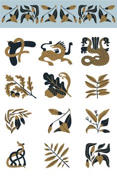 an assortment of different types of plants and animals in brown, black and blue colors