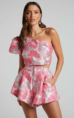 Brailey Two Piece Set - One Shoulder Puff Sleeve Top and Shorts Set in Light Pink Jacquard Pink Two Piece Set, Little Miss Perfect, Shoulder Puff Sleeve, Senior Picture Outfits, Senior Pics, Puff Sleeve Top, Pink Outfit, Two Piece Dress, Two Piece Set