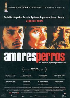 an advertisement for the movie's spanish title, amores perros with two men looking at each other