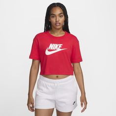 The Nike Sportswear Essential T-Shirt sets you up with soft cotton jersey and a cropped hem. Nike Shirt, Oxford White, Red Style, Women Lifestyle, Nike Shirts, Heather Black, Logo T Shirt, Red Fashion, Nike Tops