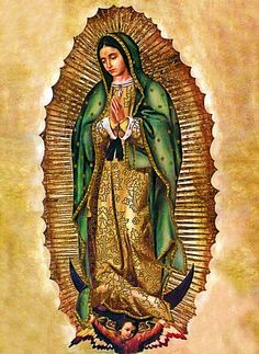 an image of the virgin mary in gold and green with her hands folded out to pray