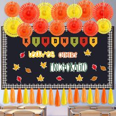 PRICES MAY VARY. All Inclusive Package: this fall classroom bulletin board set comes with 4 letter cutouts, 8 pentagon letters to combine [kindness], 30 maple leave cutouts in 3 different styles, 23 bulletin board borders, 100 glue points, 12 paper fans, and 15 paper tassels, it's a complete party kit that caters to most of your fall or Thanksgiving decoration needs Fall Season Decorations: with a beautiful autumn design that features maple leaves and other seasonal elements, this Thanksgiving b Fall Welcome Bulletin Boards, Thanksgiving Board Ideas For Work, Thanksgiving Hallway Decorations, November Decorations Classroom, Thanksgiving Display, Thanksgiving School Decorations, Autumn Bulletin Board