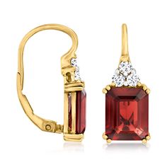 Ross-Simons - 7.00ct t. w. Garnet, .38ct t. w. Diamond Drop Earrings in 14kt Yellow Gold. On this sophisticated pair, deep 7.00 ct. t. w. emerald-cut garnets beckon a warm radiance below shimmering clusters of .38 ct. t. w. round brilliant-cut diamonds. Crafted in 14kt yellow gold. Hanging length is 7/8". Leverback, diamond and garnet drop earrings. Garnet birthstones are the perfect gift for January birthdays. Formal Baguette-cut Earrings With Diamond Accents, Formal Baguette Cut Earrings With Diamond Accents, Elegant Yellow Gold Baguette Cut Earrings, 14k Gold Baguette-cut Diamond Earrings For Formal Occasions, Elegant Gemstone Baguette-cut Earrings, Classic Gemstone Earrings For Formal Occasions, Formal 14k Gold Baguette-cut Diamond Earrings, Classic Baguette Cut Gemstone Earrings, Classic Formal Gemstone Earrings