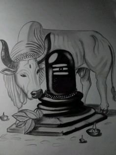 a drawing of a cow standing next to a bell