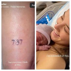 a woman with a small tattoo on her arm next to an image of a baby