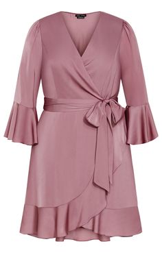 Fall for the stylish charm of our Estelle Dress! Made to flatter your curves, this dress highlights your figure with a faux-wrap style, full length bell sleeves and a V-neckline. Key Features Include: - V-neckline - Faux-wrap style - Fabric tie belt - Full length bell sleeves - Ruffle hemline - Lined Coordinate with a chain-strap shoulder bag! | Plus Size Estelle Dress in Dusty Orchid, Size 16 | City Chic Estelle Dress, Dresses Date Night, Flattering Outfits, Plus Size Cocktail Dresses, Plus Size Formal Dresses, Dress Dusty, Knitwear Dress, Plus Size Fashion For Women, Draped Dress