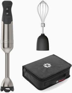 an electric hand blender, carrying case and whisk attachment for the kitchen appliance