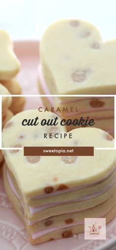 some cookies are stacked on top of each other with the words caramel cut out cookie recipe