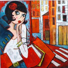 a painting of a woman holding shopping bags in front of a city street with buildings