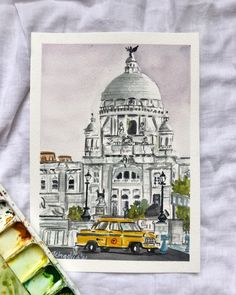 a watercolor painting of a yellow taxi in front of a large building with a dome