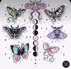 an image of butterflies and moon tattoos on the back of a white sheet with black dots