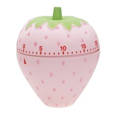 a pink and green strawberry shaped clock on a white background with the time at 10 15