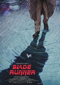 a movie poster for blade runner with a man walking in the rain holding an umbrella