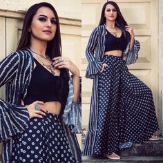 Navy blue crape printed indowestern lehenga with shrug Indowestern Lehenga, Plazo Pants, Boho Wear, Black And White Outfit, Dressing Sense, Indian Woman, Bollywood Style, White Outfit, Indian Fashion Dresses