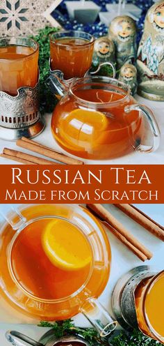 russian tea made from scratch recipe with oranges and cinnamon on the side, served in glass dishes