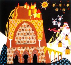 a painting of a castle with lots of stars in the sky and buildings on it