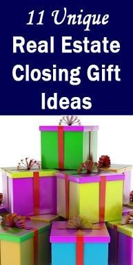 presents stacked on top of each other with the words 11 unique real estate closing gift ideas