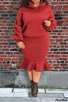 Olivia Mark - Premium Plus Size Co-ord Set: Hooded Collar, Solid Patchwork, and Pocket Accents Crop Top And Maxi Skirt, Jacket And Shorts, Bodysuit And Skirt, Red Two Piece, Statement Blouse, Top And Jeans, Crop Top And Skirt, Flounce Skirt, Sweat Suit