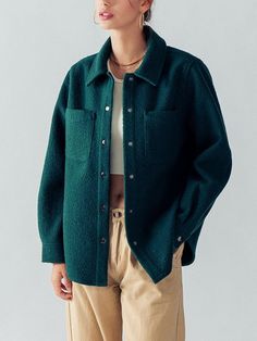 "NO REFUNDS-please check sizing Small (2/4), Medium (6/8), Large (10) Stay warm and fashionable with our Long Sleeve Collared Snap Button Teddy Sherpa Jacket. This jacket is crafted with soft and plush sherpa fabric, providing ultimate comfort and a cozy feel. The collared neckline adds a touch of sophistication, while the snap button closure ensures easy wear. The chest pockets offer a convenient storage option, and the curved hemline adds a flattering and stylish touch. With its button cuffs a Classic Green Outerwear With Buttoned Pockets, Solid Winter Outerwear With Button Cuffs, Winter Outerwear With Button Cuffs In Solid Color, Winter Outerwear With Button Cuffs, Winter Shacket With Button Closure, Winter Outerwear With Covered Buttons And Lapel Collar, Collared Green Shacket For Winter, Green Button-up Shacket, Green Button Closure Shacket For Work