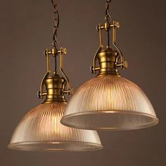 Brass Finish Bowl Pendant Light With Clear Ribbed Glass And Handle - Warehouse Bistro Hanging Bedside Hanging Lights, Bulb Pendant Light, Dome Pendant Lighting, Bowl Pendant, Hanging Fixture, Glass Pendant Lamp, Ribbed Glass, Industrial Vintage, Fluorescent Light