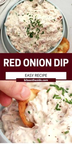 red onion dip in a blue bowl with bread and parsley on the side text overlay reads, red onion dip easy recipe