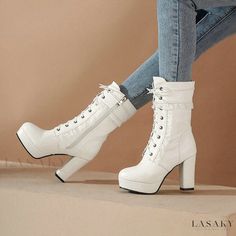 Lasaky - Sweet Loveliness Heeled Boots Water-Resistant High Heels Casual Round Toe Fitted Heels, Casual Fitted Heels With Round Toe, Casual Fitted Platform Boots With Closed Toe, Trendy Fitted Lace-up Boots With Round Toe, Casual Martin Boots With High Heel, Casual Fitted Martin Boots With High Heel, Casual Fitted Closed Toe Platform Boots, Fitted Lace-up Synthetic Platform Boots, Fitted Casual Martin Boots For Parties