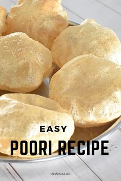 some fried food on a plate with the words easy poori recipe written below it