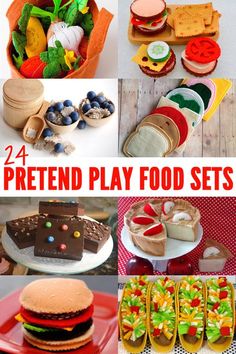 there are many different foods and desserts in this collage with the words, 24 pretend play food sets