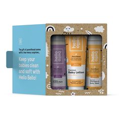 Perfect as a baby shower gift or just to try a variety of products, this Hello Bello gift set features baby-safe lotion, bubble bath, and shampoo & body wash. Clean Wellness Badges body {color: #464646;font-family: Gotham 4r, helvetica, arial, sans-serif;}.details-badges {display: flex;flex-wrap: wrap;}.details-badges .clean-badge {display: flex;margin-right: 2em;margin-bottom: 1em;font-size: 12px;max-width: 50%;align-items: center;}.details-badges .clean-badge strong {font-size: 13px;}.deta Avocado And Cucumber, Pregnant Life, Baby Body Wash, Baby Products Packaging, Scented Lotion, Baby Cleaning Products, Body Shampoo, Hygiene Products, Baby Lotion