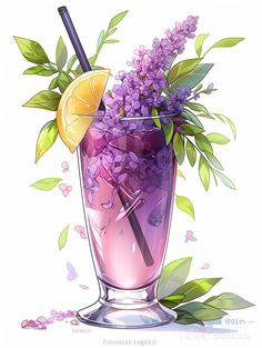 a painting of a purple drink with lemon wedges and lilacs on the rim