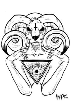 a black and white drawing of a ram holding a triangle