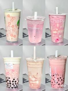 six different types of bubble teas are shown in multiple pictures, each with their own straw