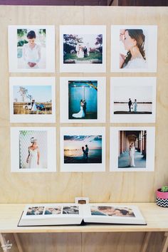 a wooden table topped with pictures and photos on it's side wall next to a bench