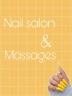 nail salon and massages sign in front of yellow tiled wall with hand holding banana