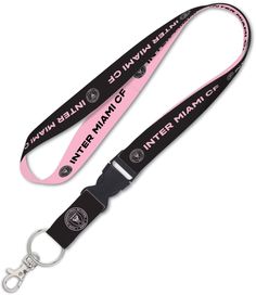 the lanyard strap is pink and black with white writing on it, which reads miami ninja