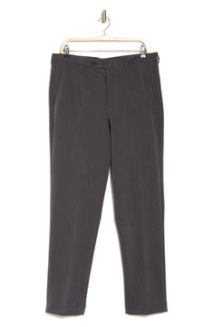 Upgrade your well-dressed staples with these solid trousers cut from comfortable fabric with the right amount of stretch. Model stats: 6'1" height, 32" waist. Model is wearing size Medium. Zip fly with button bar tab closure
 Partially lined 75% polyester, 19% rayon, 6% spandex Dry clean Imported Solid Color Flat Front Pants With Welt Pockets, Solid Flat Front Pants With Welt Pockets, Semi-formal Stretch Straight Leg Pants, Tailored Flat Front Bottoms With Pockets, Solid Dress Pants With Welt Pockets And Flat Front, Solid Color Dress Pants With Welt Pockets, Spring Stretch Business Casual Bottoms, Straight Leg Bottoms With Welt Pockets And 4-way Stretch, Solid Dress Pants With Welt Pockets And Tapered Leg