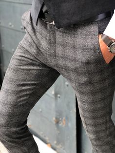 Bakki Slim-Fit Plaid Pants in Black-baagr.myshopify.com-Pants-BOJONI Slim Fit Ripped Jeans, Formal Men, Fabric Pants, Formal Men Outfit, Men Spring, Code Black, Plaid Fabric, Plaid Pants, Mens Spring