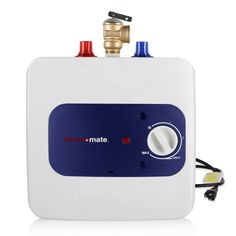 a tankless water heater with two red and blue knobs