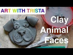 clay animal faces and tools on a table with the words clay animal faces written below