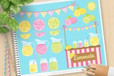 an open notebook with lemonade on it next to some strawberries and lemons