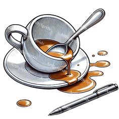 a cup of coffee and saucer on a saucer with a pen next to it